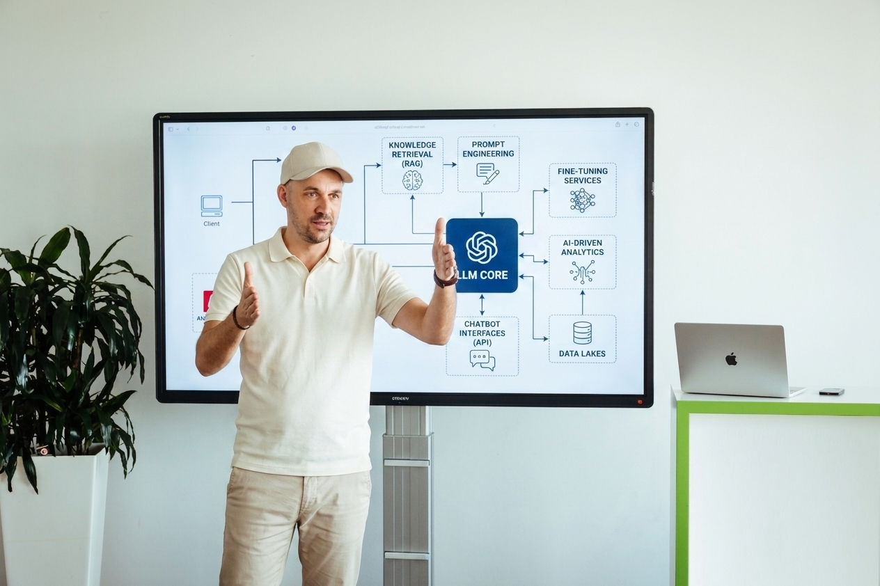 Thomas Bollig (mindnatives) am Whiteboard beim Architektur-Workshop zu KI und Automatisierung